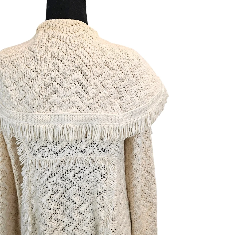 Angel of the North Fringe Cardigan Ivory Knit Boho Chevron Open Front Sweater M